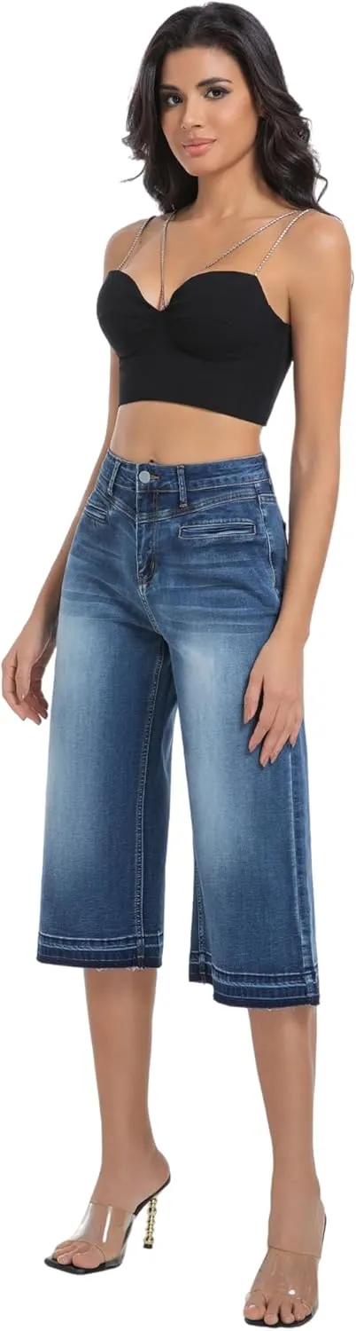 Wide Leg Capri Pants for Women Stretchy High Waisted Frayed Hem Loose Denim Jeans