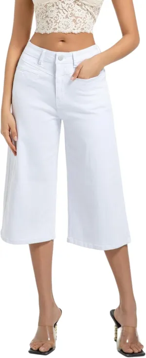 Wide Leg Capri Pants for Women Stretchy High Waisted Frayed Hem Loose Denim Jeans