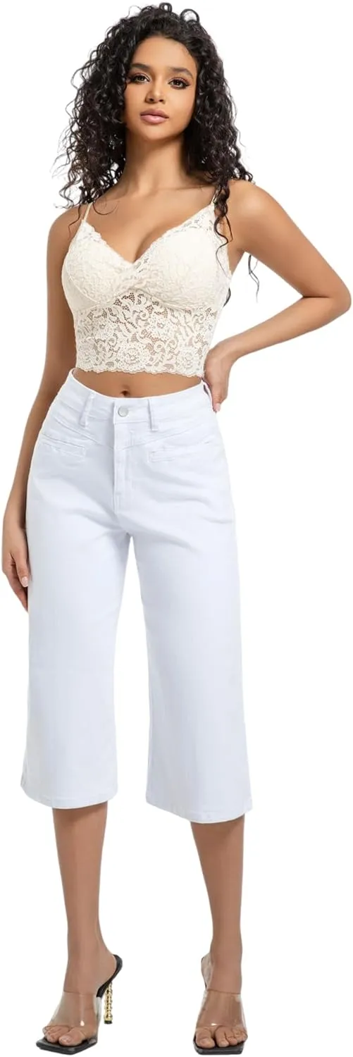 Wide Leg Capri Pants for Women Stretchy High Waisted Frayed Hem Loose Denim Jeans
