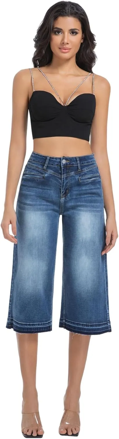 Wide Leg Capri Pants for Women Stretchy High Waisted Frayed Hem Loose Denim Jeans