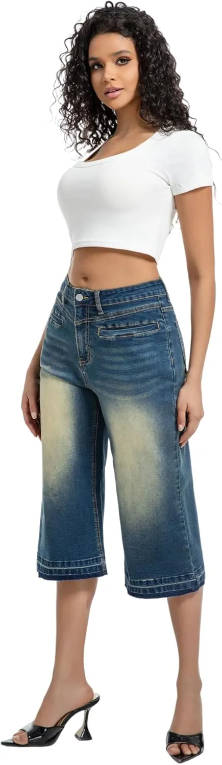Wide Leg Capri Pants for Women Stretchy High Waisted Frayed Hem Loose Denim Jeans