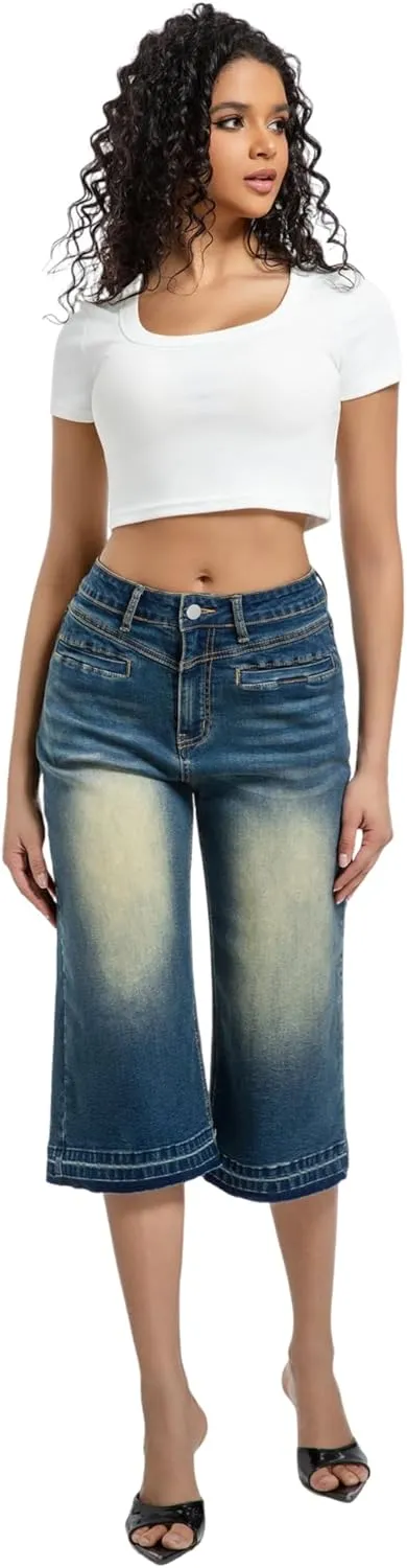 Wide Leg Capri Pants for Women Stretchy High Waisted Frayed Hem Loose Denim Jeans