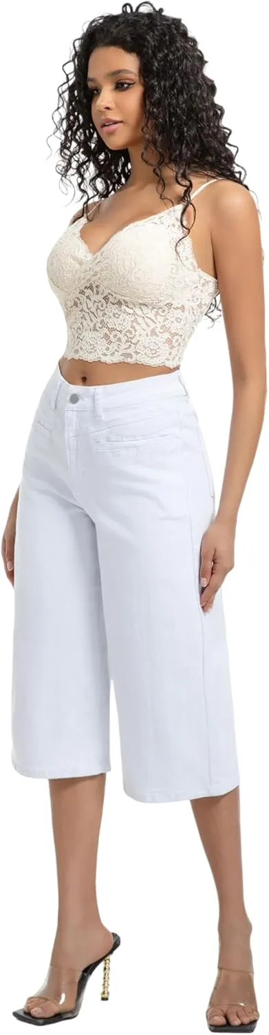 Wide Leg Capri Pants for Women Stretchy High Waisted Frayed Hem Loose Denim Jeans