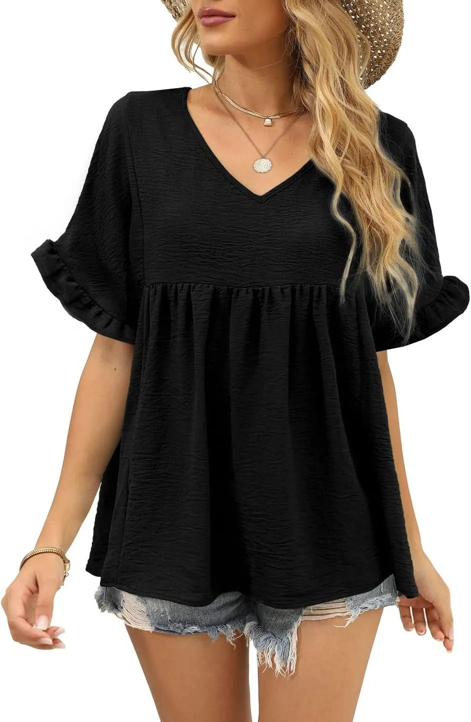 WIHOLL Womens Tops Casual V Neck Ruffle Sleeve T Shirts Babydoll Loose Fit Peplum Tops