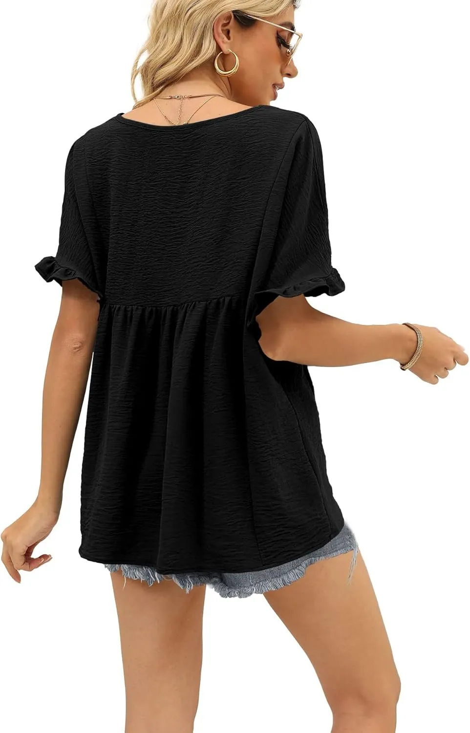 WIHOLL Womens Tops Casual V Neck Ruffle Sleeve T Shirts Babydoll Loose Fit Peplum Tops