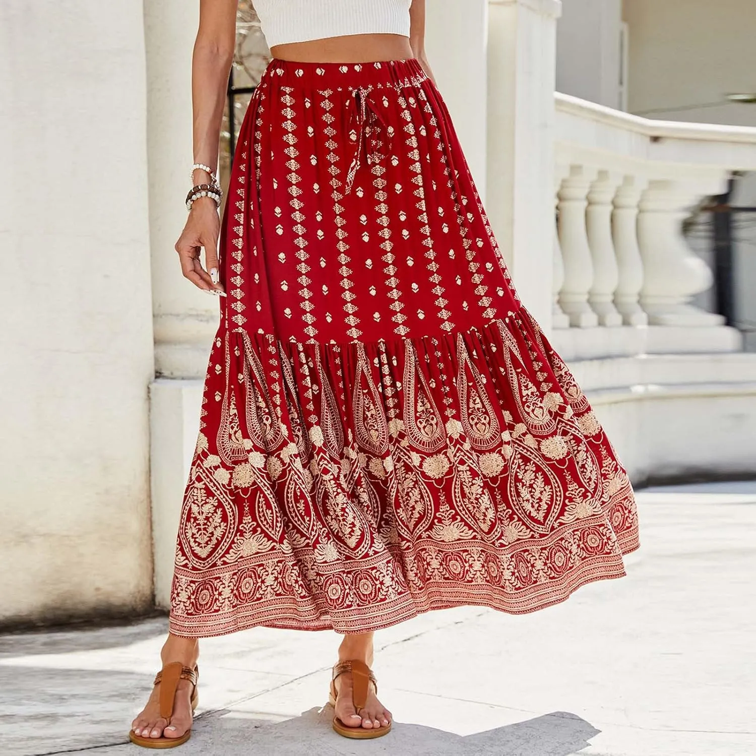 Women Boho Maxi Skirts 2025 Summer Casual Graphic High Waist Flowy A Line Pleated Beach Vacation Midi Dress