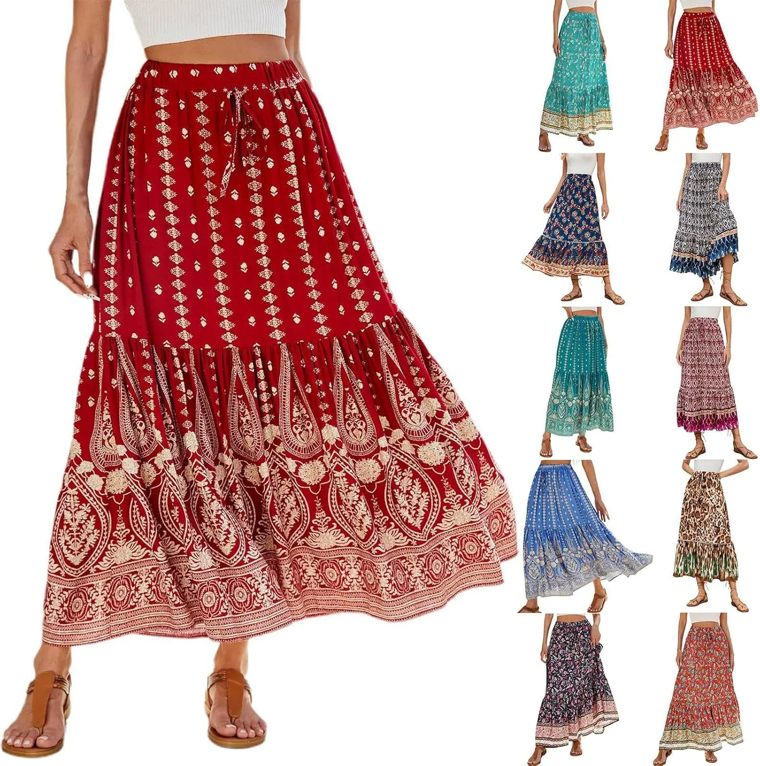 Women Boho Maxi Skirts 2025 Summer Casual Graphic High Waist Flowy A Line Pleated Beach Vacation Midi Dress
