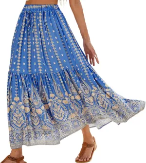 Women Boho Maxi Skirts 2025 Summer Casual Graphic High Waist Flowy A Line Pleated Beach Vacation Midi Dress