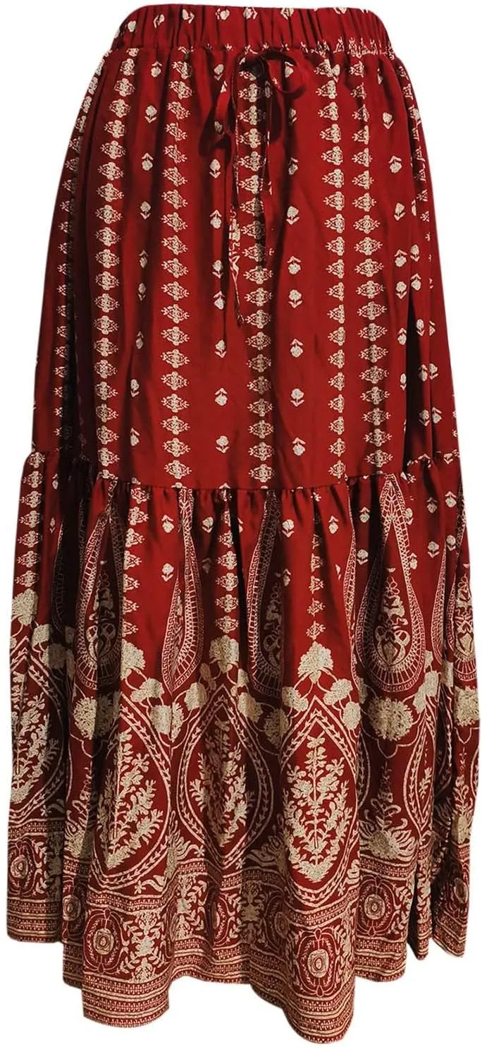 Women Boho Maxi Skirts 2025 Summer Casual Graphic High Waist Flowy A Line Pleated Beach Vacation Midi Dress