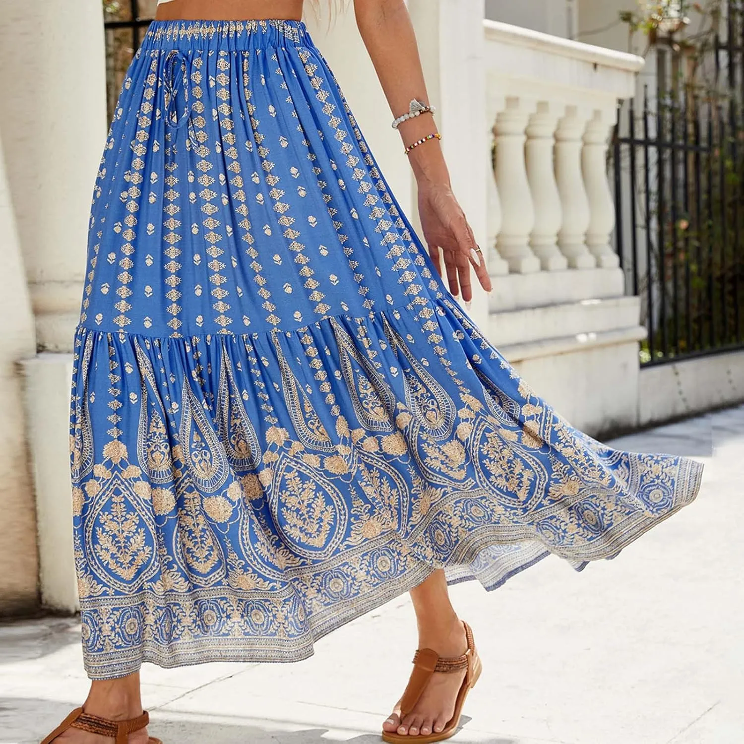Women Boho Maxi Skirts 2025 Summer Casual Graphic High Waist Flowy A Line Pleated Beach Vacation Midi Dress