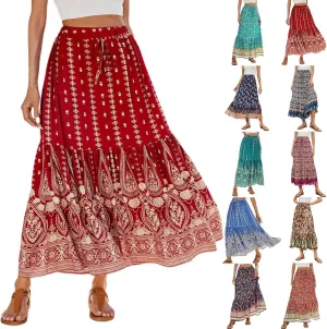 Women Boho Maxi Skirts 2025 Summer Casual Graphic High Waist Flowy A Line Pleated Beach Vacation Midi Dress