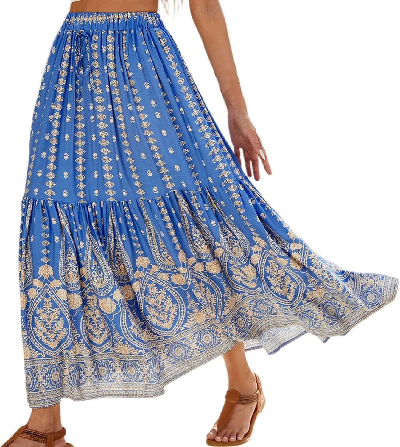 Women Boho Maxi Skirts 2025 Summer Casual Graphic High Waist Flowy A Line Pleated Beach Vacation Midi Dress