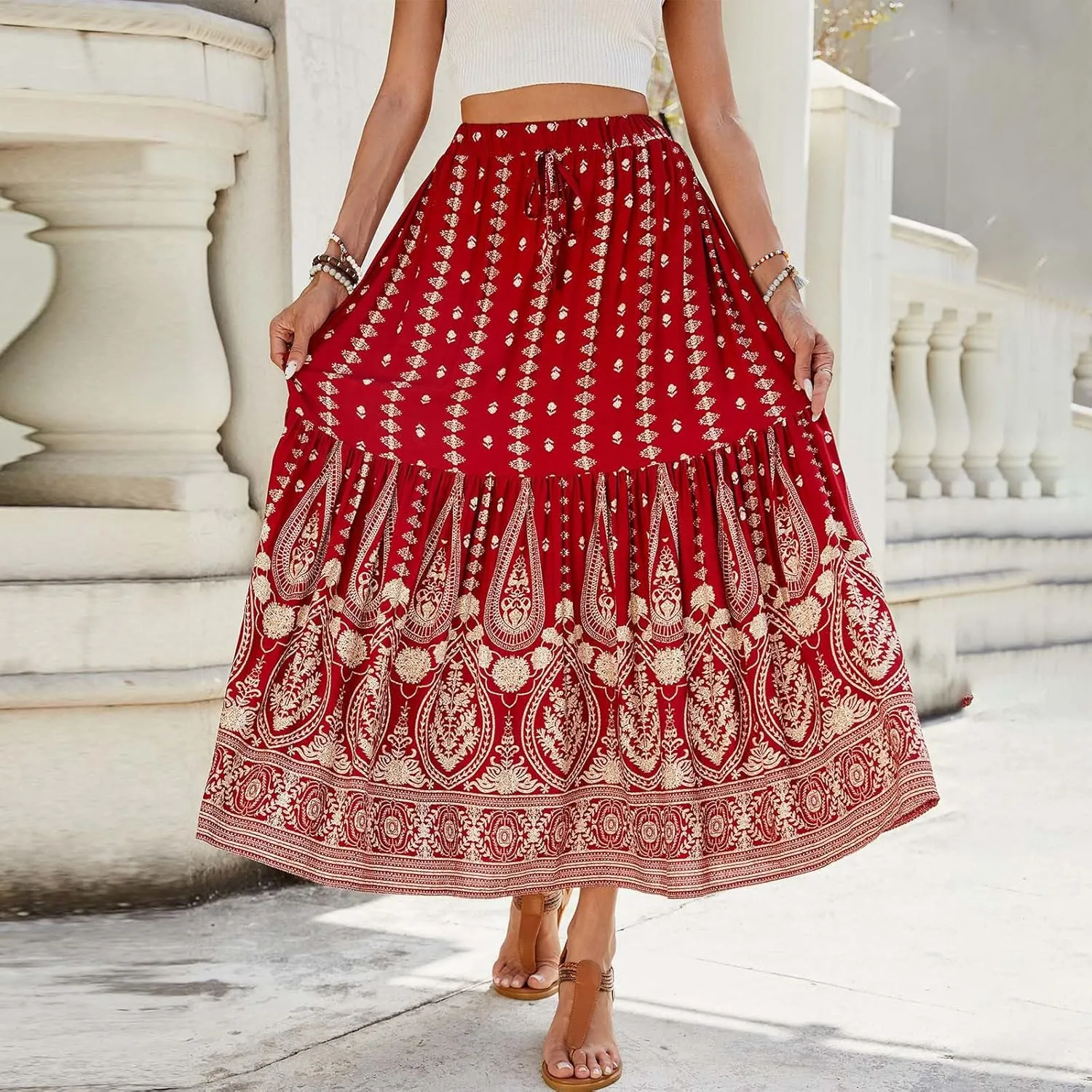 Women Boho Maxi Skirts 2025 Summer Casual Graphic High Waist Flowy A Line Pleated Beach Vacation Midi Dress