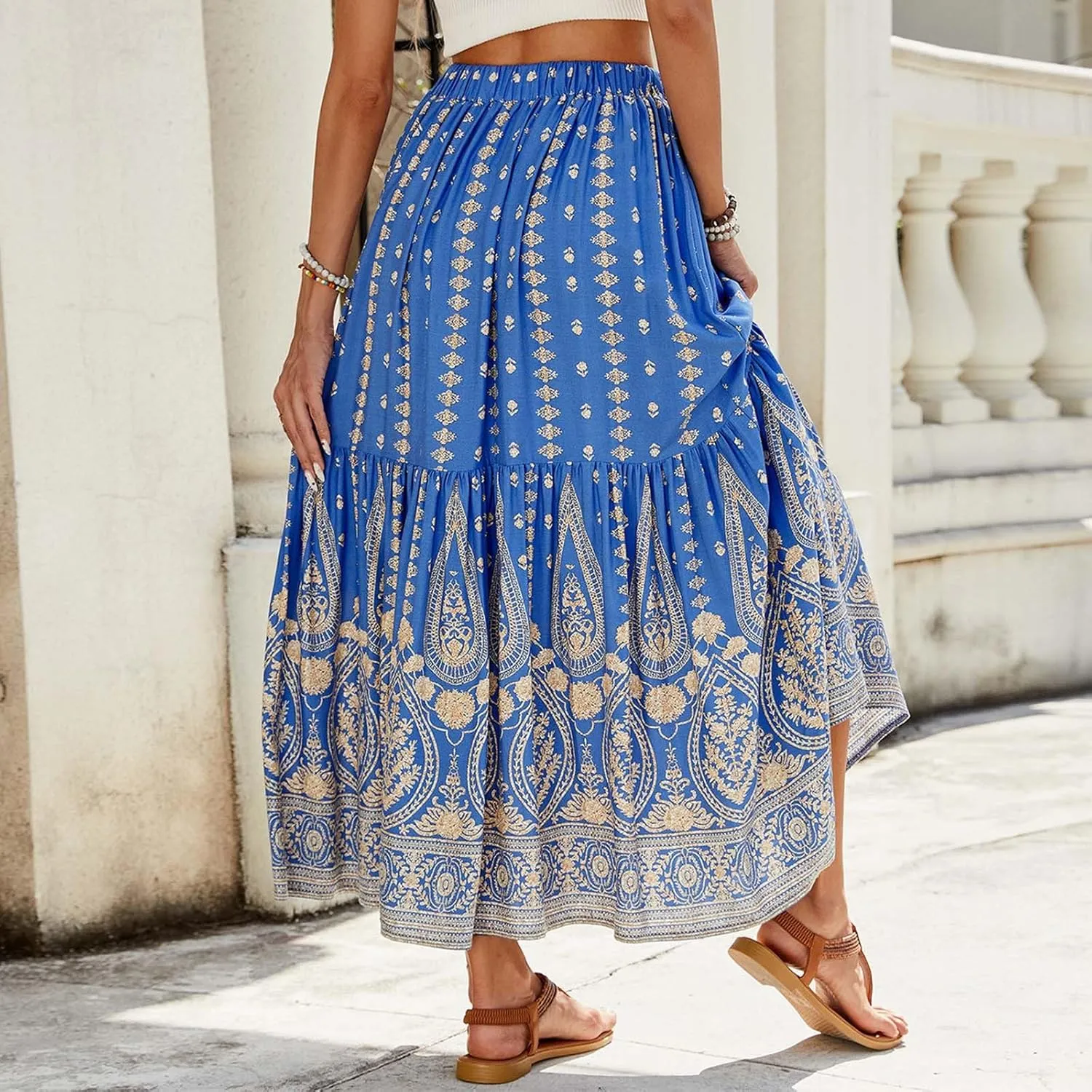 Women Boho Maxi Skirts 2025 Summer Casual Graphic High Waist Flowy A Line Pleated Beach Vacation Midi Dress
