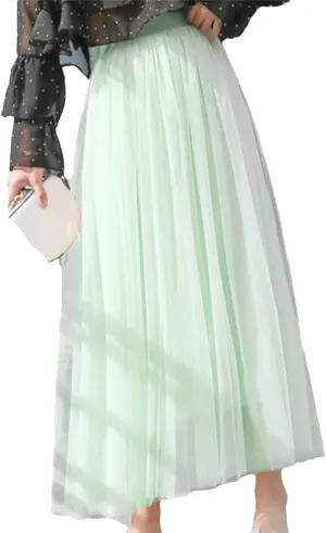 Women Casual High Waist Pleated Long Skirt Female Korean 3 Layers Midi Summer Tulle Skirt