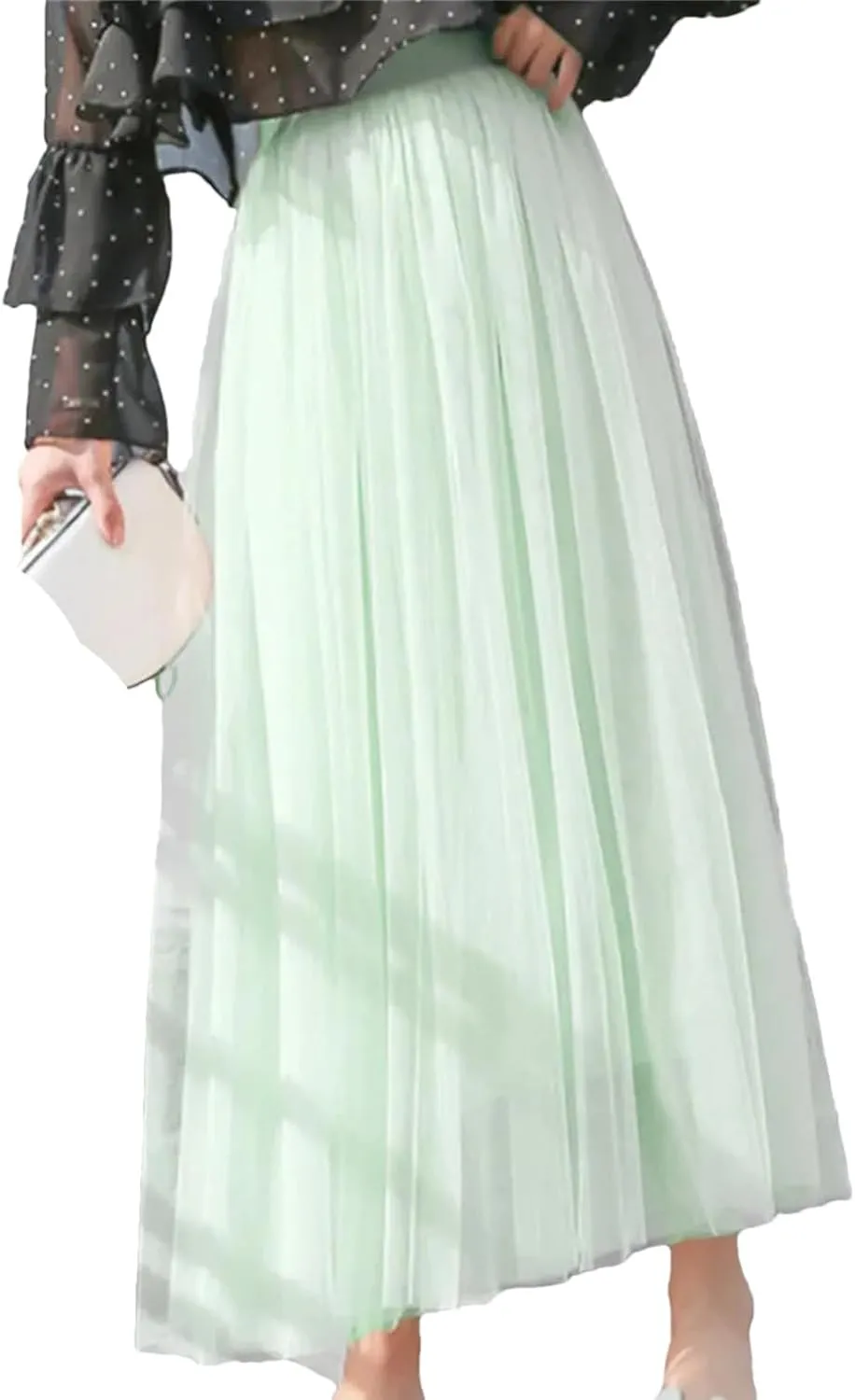 Women Casual High Waist Pleated Long Skirt Female Korean 3 Layers Midi Summer Tulle Skirt