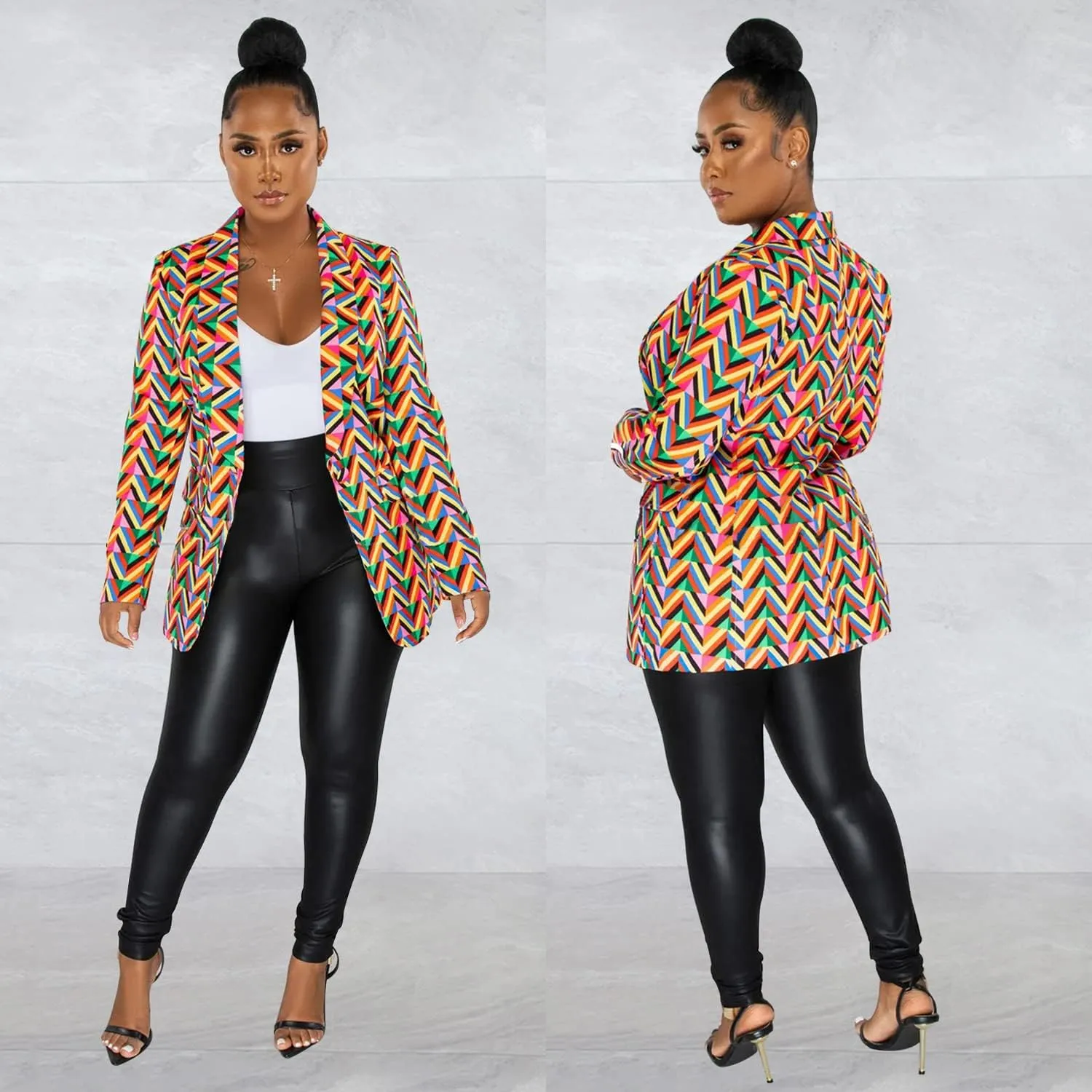 Women Casual Long Sleeve Button Color Block Fahion Fall Laple Open Front Office Work Suits Blazer Jackets Streetwear