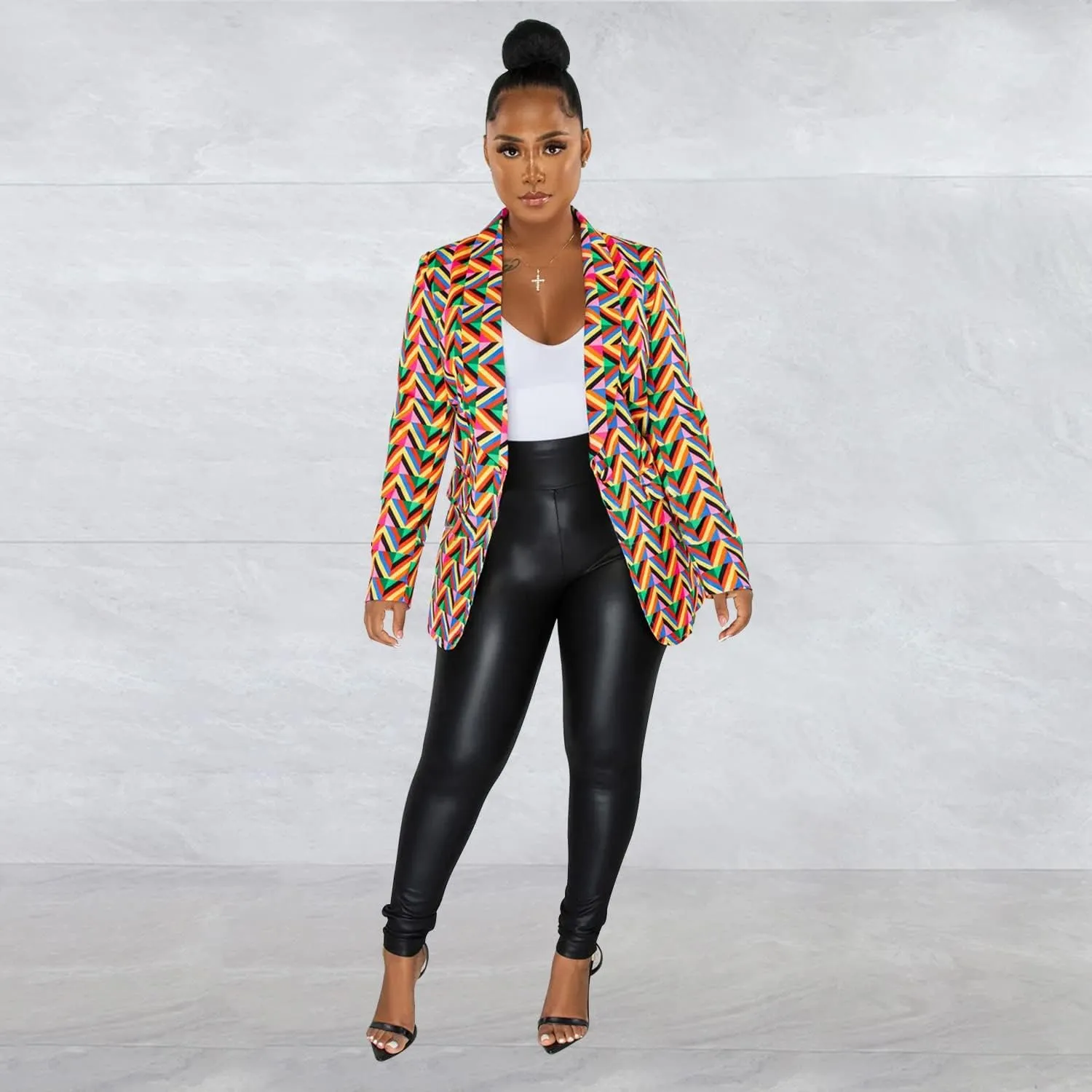 Women Casual Long Sleeve Button Color Block Fahion Fall Laple Open Front Office Work Suits Blazer Jackets Streetwear