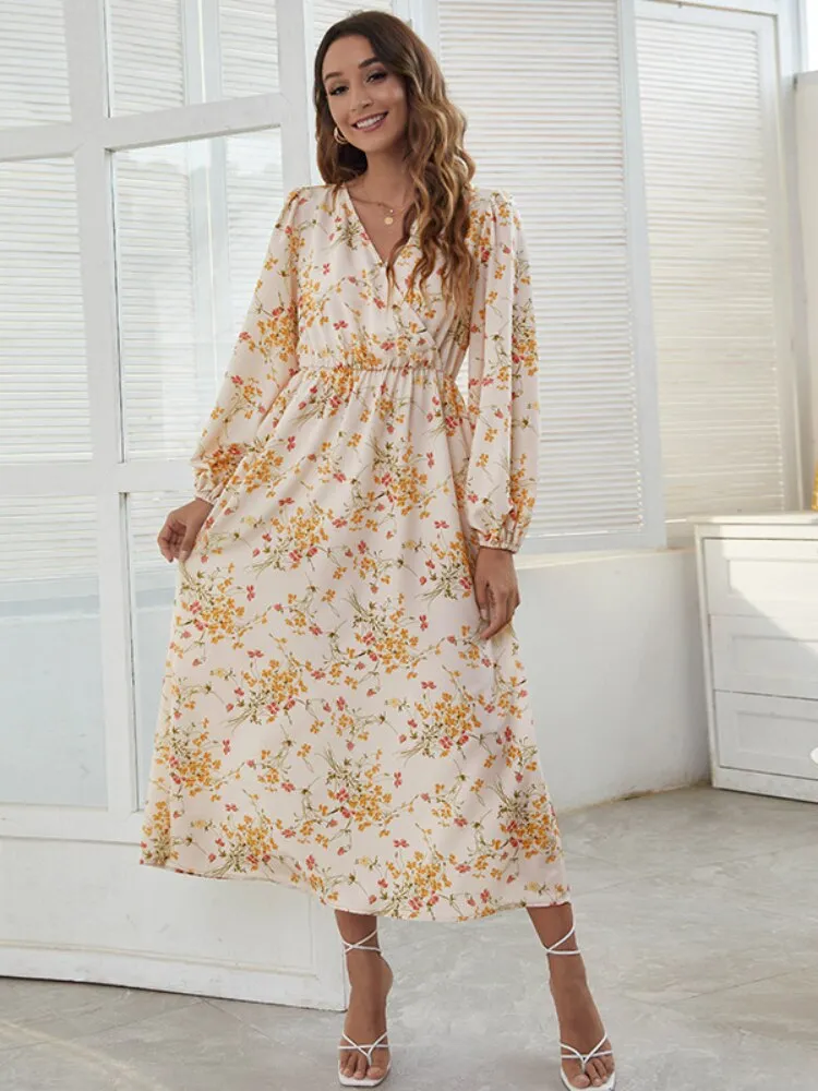 Women Clothing 2023 Spring Summer New V-neck Print Sexy Dress Fashion Elegant Long Sleeve Dresses Casual Holiday Party Dresses