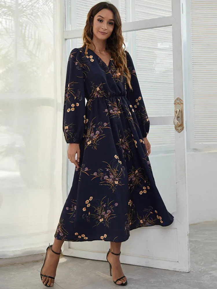 Women Clothing 2023 Spring Summer New V-neck Print Sexy Dress Fashion Elegant Long Sleeve Dresses Casual Holiday Party Dresses