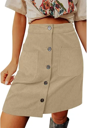 Women Corduroy Skirt Suede Pencil Skirts Office High Waist Button Bodycon Dress Knee Length Summer Elegant Dresses