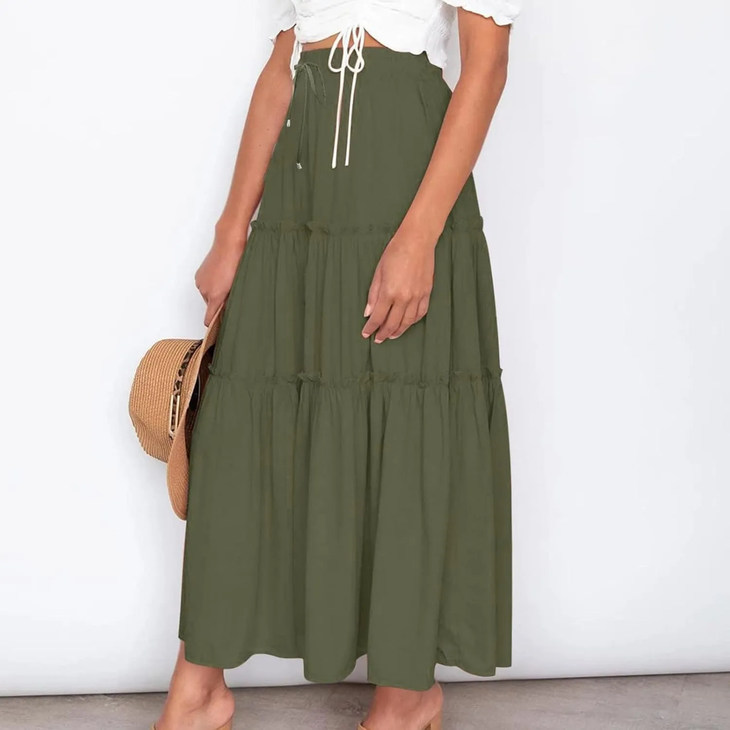 Women High Waist Midi Length Skirts A-Line Pleated Dressy Flowy Long Skirts Casual Ladies Business Skirts with Pockets