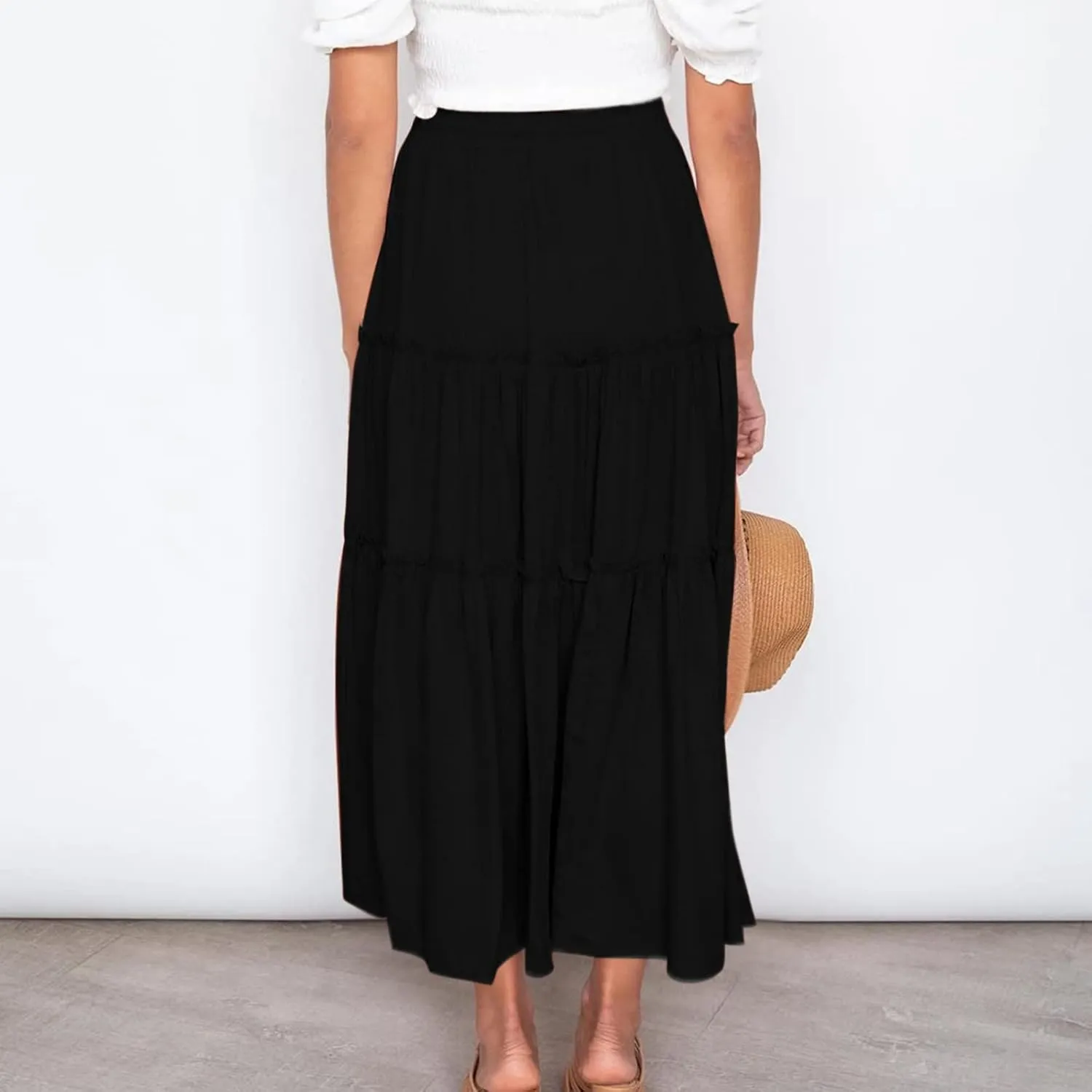 Women High Waist Midi Length Skirts A-Line Pleated Dressy Flowy Long Skirts Casual Ladies Business Skirts with Pockets