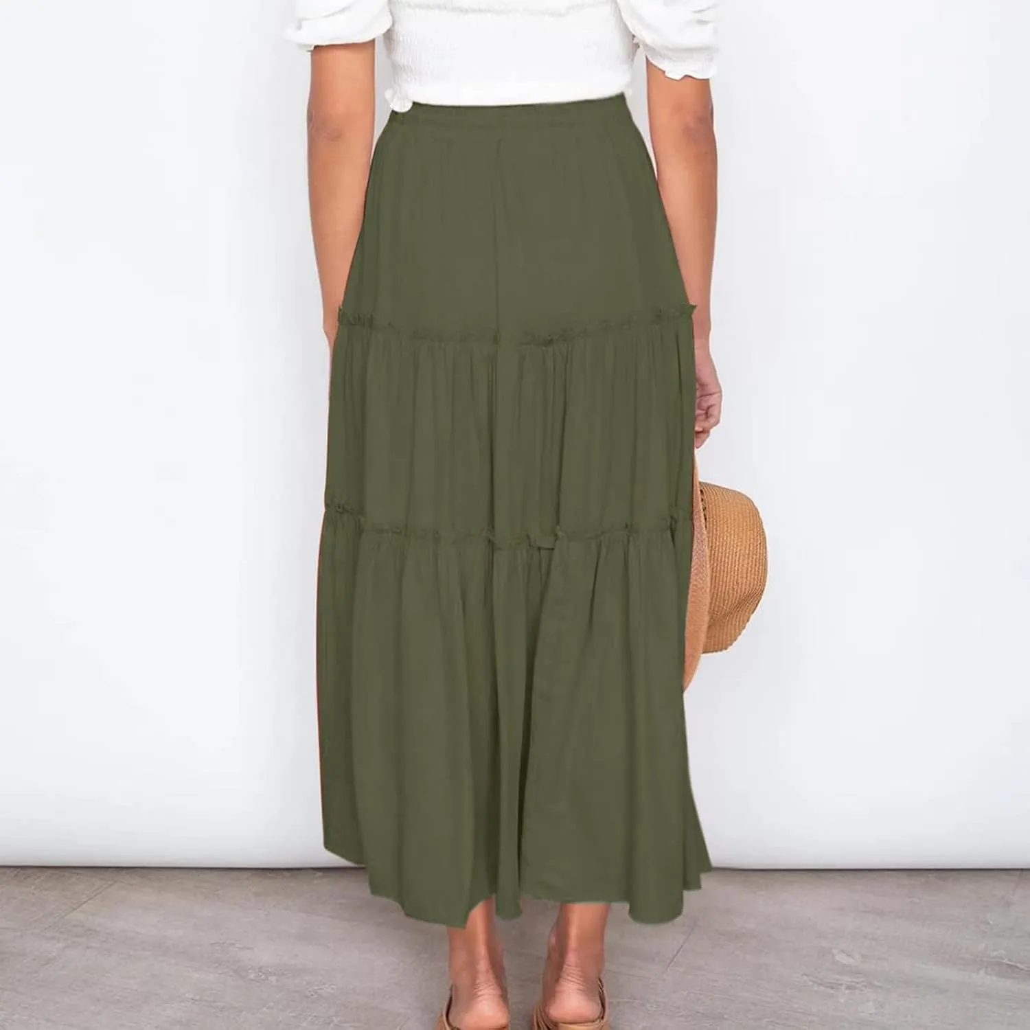 Women High Waist Midi Length Skirts A-Line Pleated Dressy Flowy Long Skirts Casual Ladies Business Skirts with Pockets