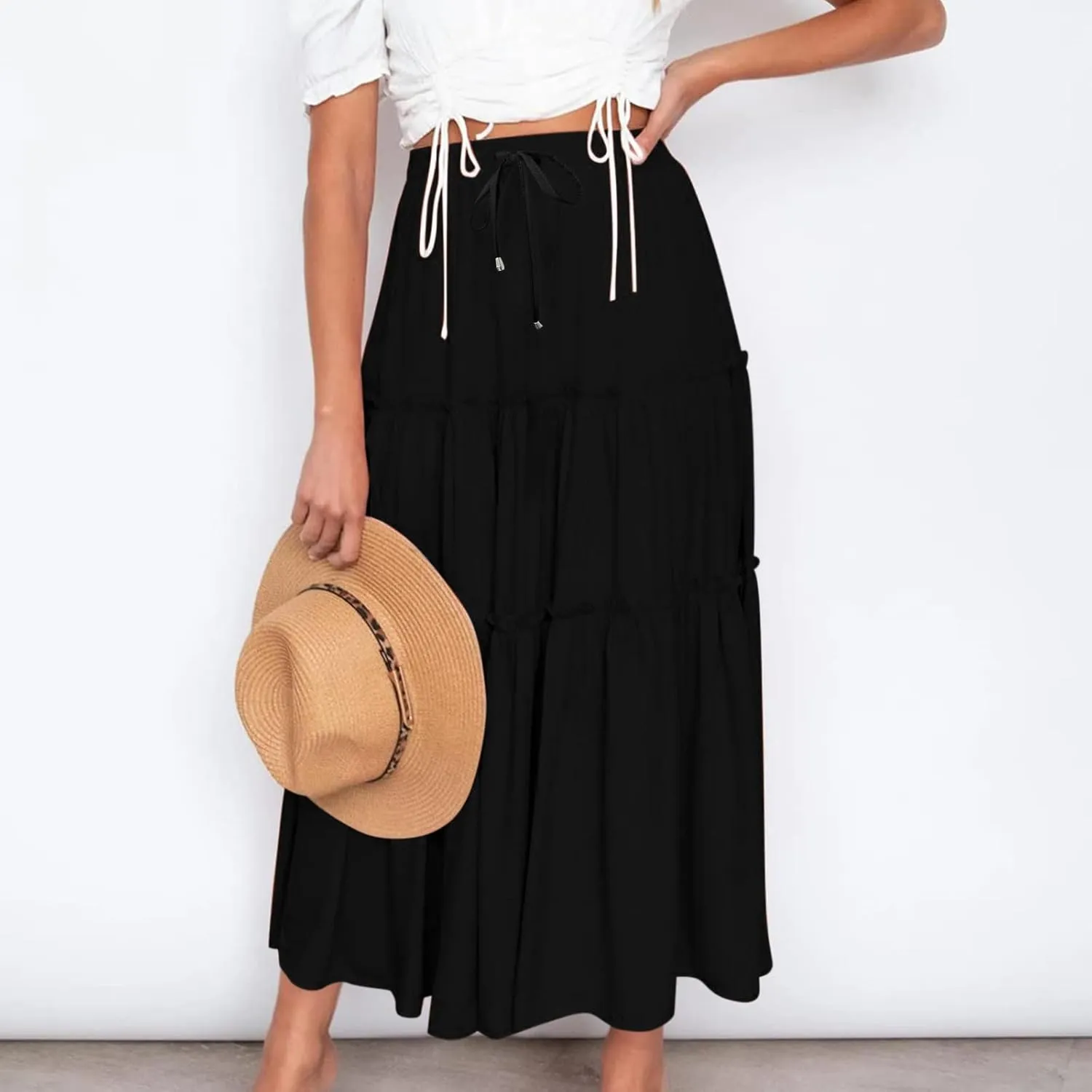 Women High Waist Midi Length Skirts A-Line Pleated Dressy Flowy Long Skirts Casual Ladies Business Skirts with Pockets