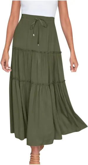 Women High Waist Midi Length Skirts A-Line Pleated Dressy Flowy Long Skirts Casual Ladies Business Skirts with Pockets