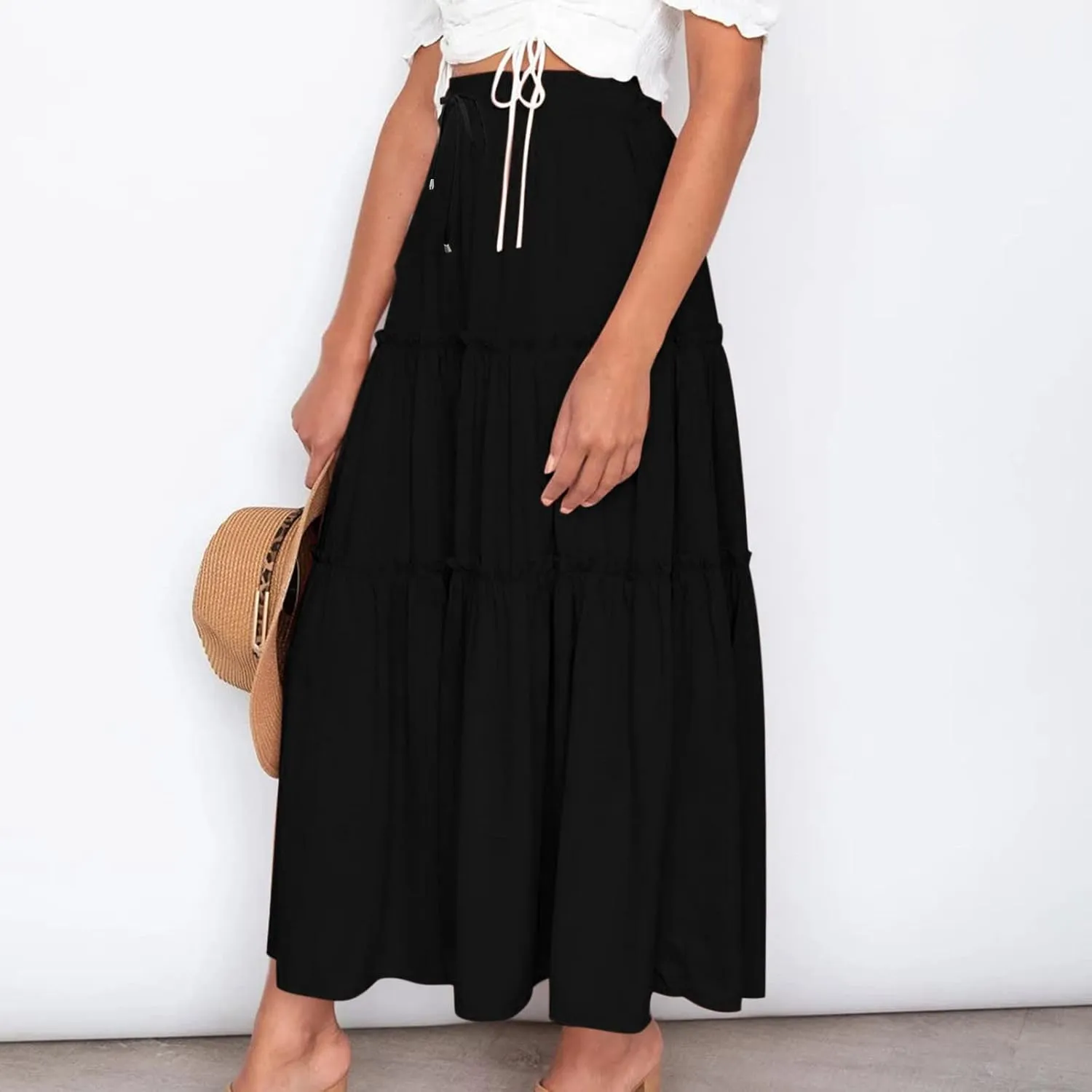 Women High Waist Midi Length Skirts A-Line Pleated Dressy Flowy Long Skirts Casual Ladies Business Skirts with Pockets