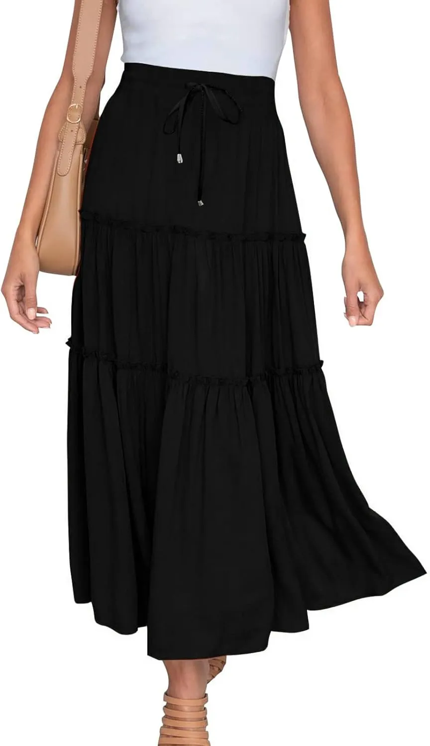 Women High Waist Midi Length Skirts A-Line Pleated Dressy Flowy Long Skirts Casual Ladies Business Skirts with Pockets
