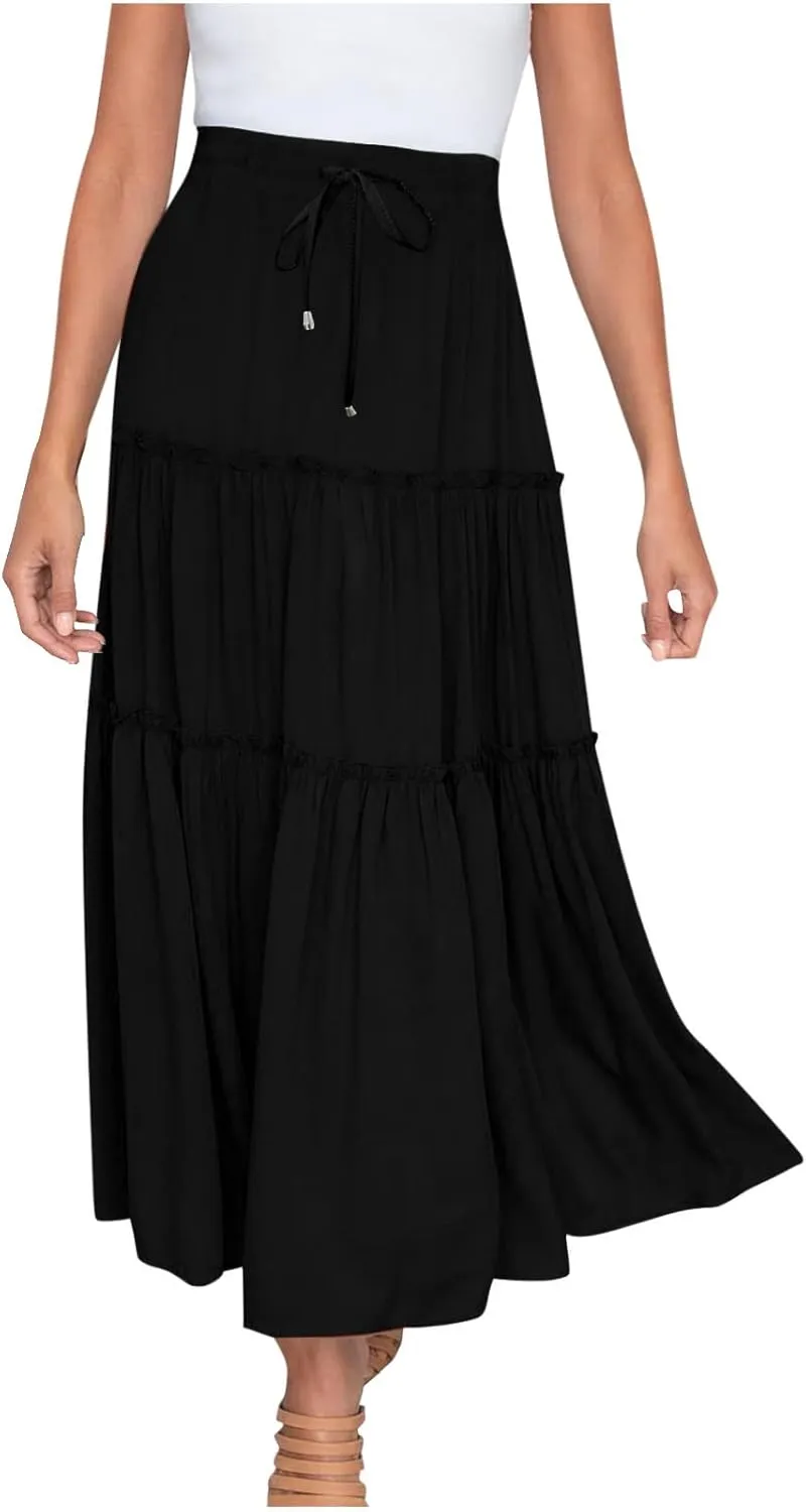 Women High Waist Midi Length Skirts A-Line Pleated Dressy Flowy Long Skirts Casual Ladies Business Skirts with Pockets