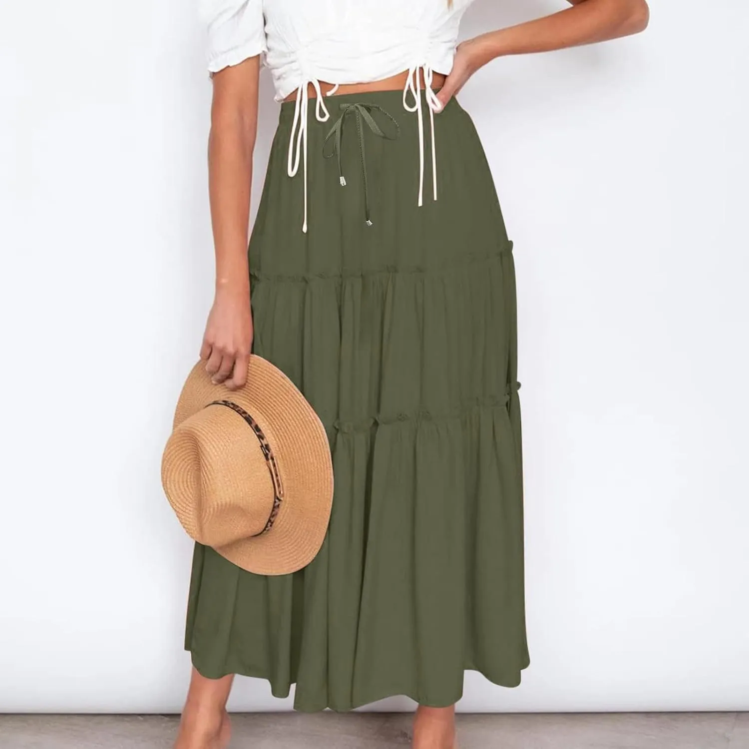 Women High Waist Midi Length Skirts A-Line Pleated Dressy Flowy Long Skirts Casual Ladies Business Skirts with Pockets
