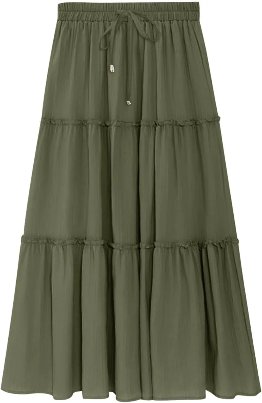 Women High Waist Midi Length Skirts A-Line Pleated Dressy Flowy Long Skirts Casual Ladies Business Skirts with Pockets