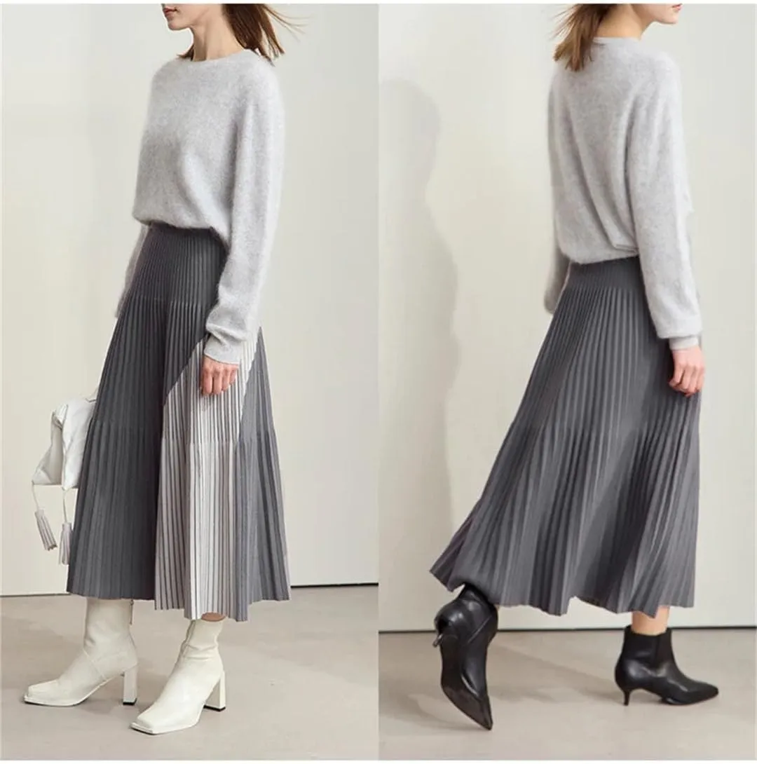 Women Patchwork Knitted Skirts for Elastic Waist Pleated Sesame Bottom Midi Skirt
