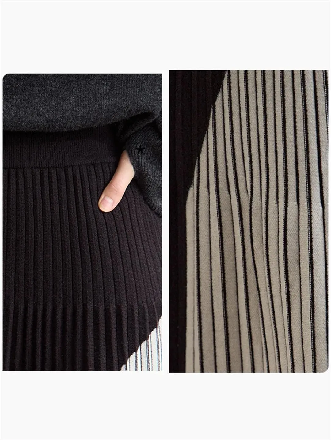 Women Patchwork Knitted Skirts for Elastic Waist Pleated Sesame Bottom Midi Skirt