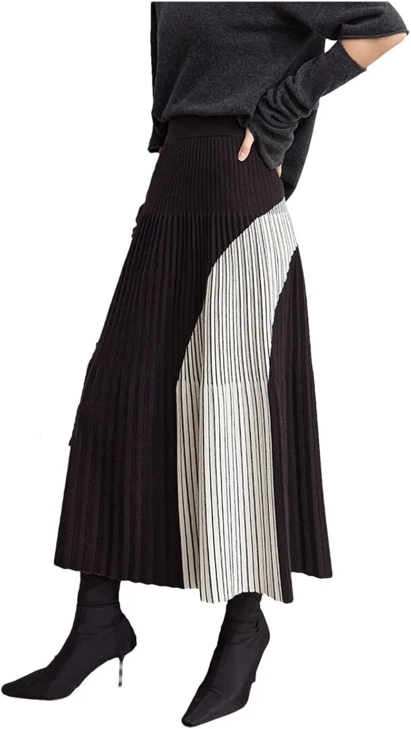 Women Patchwork Knitted Skirts for Elastic Waist Pleated Sesame Bottom Midi Skirt
