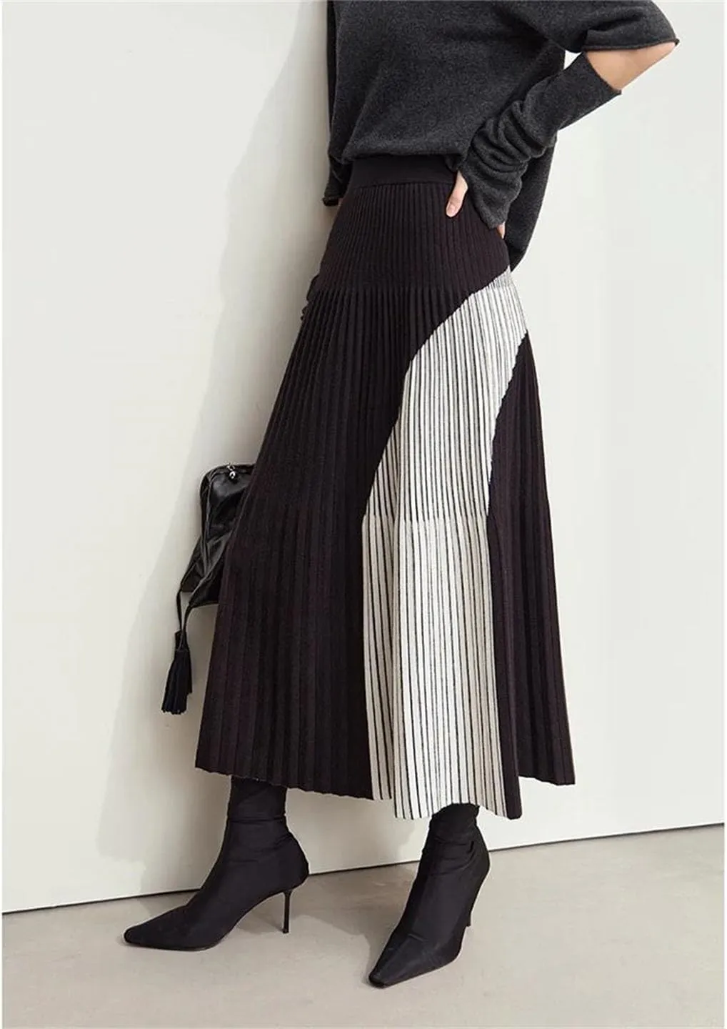 Women Patchwork Knitted Skirts for Elastic Waist Pleated Sesame Bottom Midi Skirt