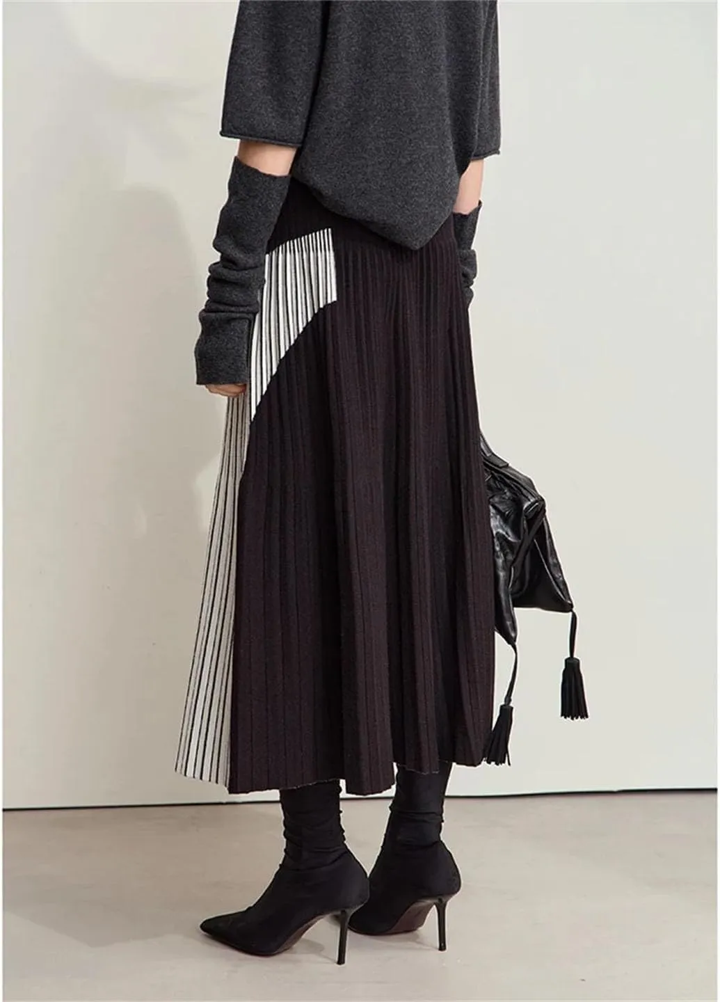 Women Patchwork Knitted Skirts for Elastic Waist Pleated Sesame Bottom Midi Skirt