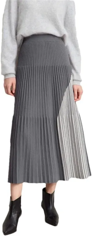 Women Patchwork Knitted Skirts for Elastic Waist Pleated Sesame Bottom Midi Skirt