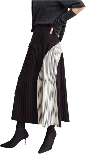 Women Patchwork Knitted Skirts for Elastic Waist Pleated Sesame Bottom Midi Skirt