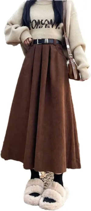 Women Vintage Belt Corduroy Midi Skirts Streetwear Black High Waist Pleated Skirt
