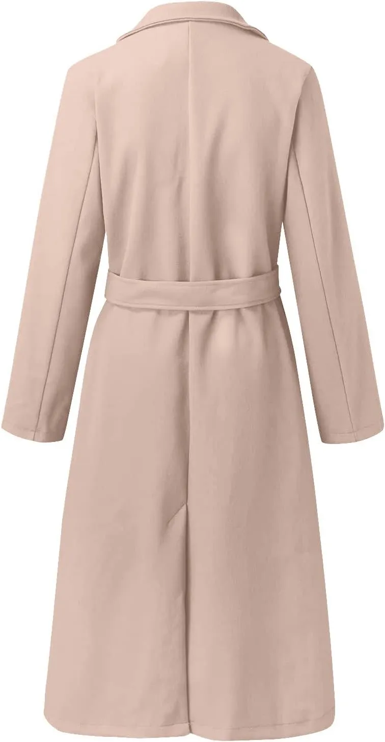 Women Winter Wool Blend Belted Long Pea Coats Notch Lapel Trench Coat Open Front Jacket Cardigan Outwear Overcoat