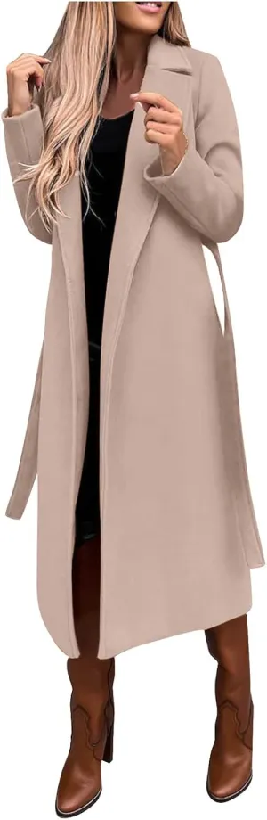 Women Winter Wool Blend Belted Long Pea Coats Notch Lapel Trench Coat Open Front Jacket Cardigan Outwear Overcoat
