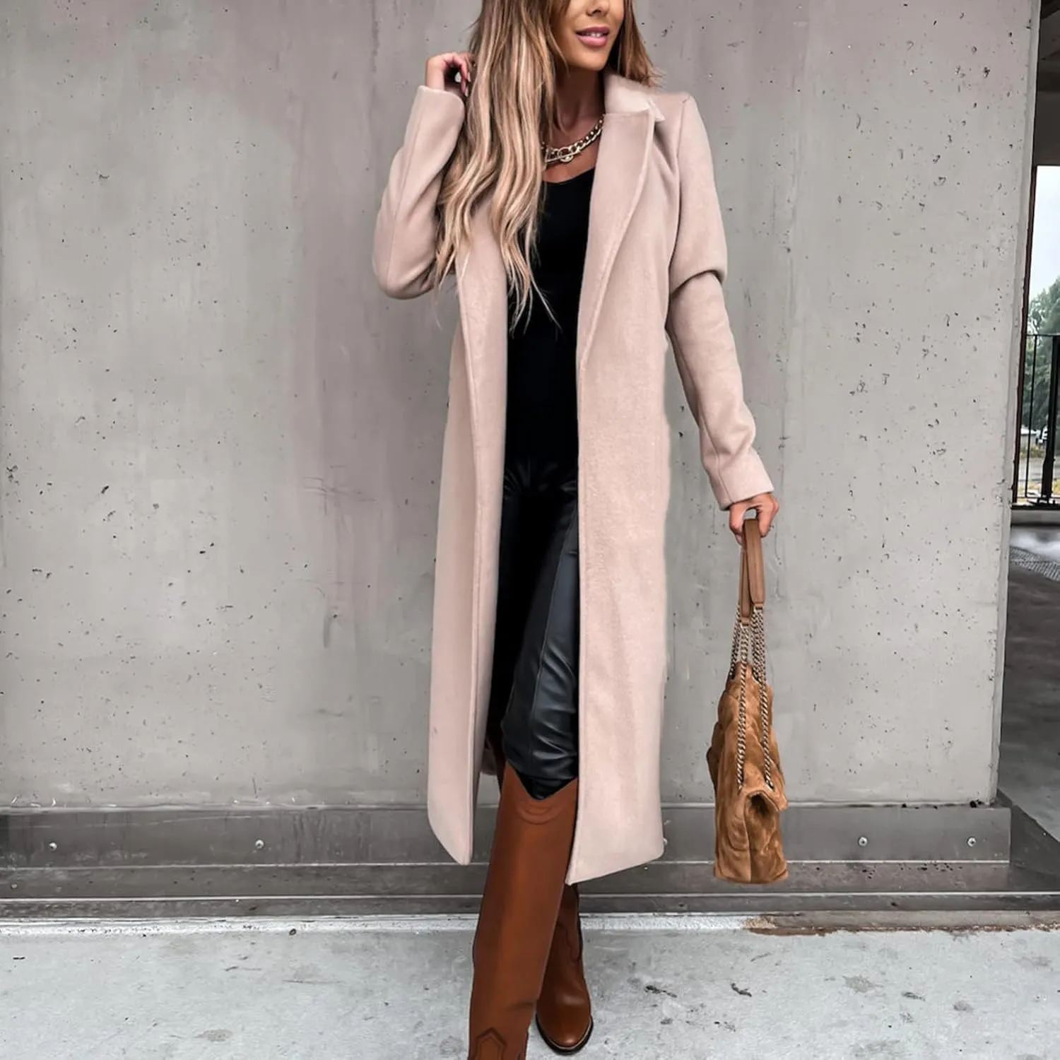 Women Winter Wool Blend Belted Long Pea Coats Notch Lapel Trench Coat Open Front Jacket Cardigan Outwear Overcoat