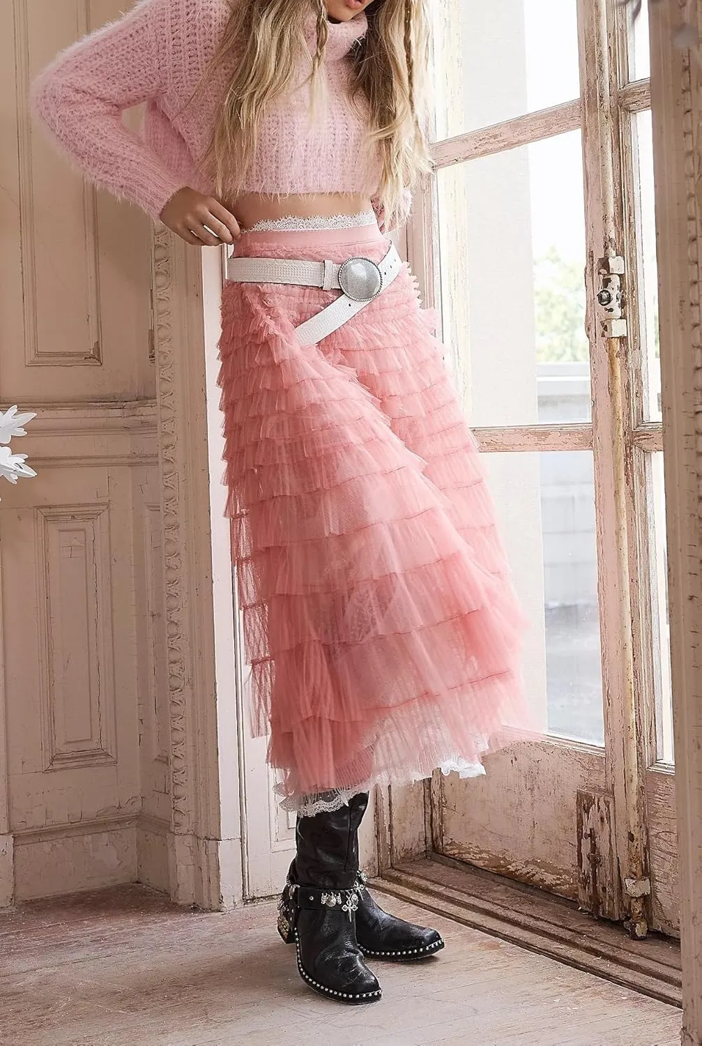 Women Y2k Maxi Slip Skirt Elastic Waist Lace Pleated Ruffle Long Skirts Flowy Tiered Layered Skirts Underskirt
