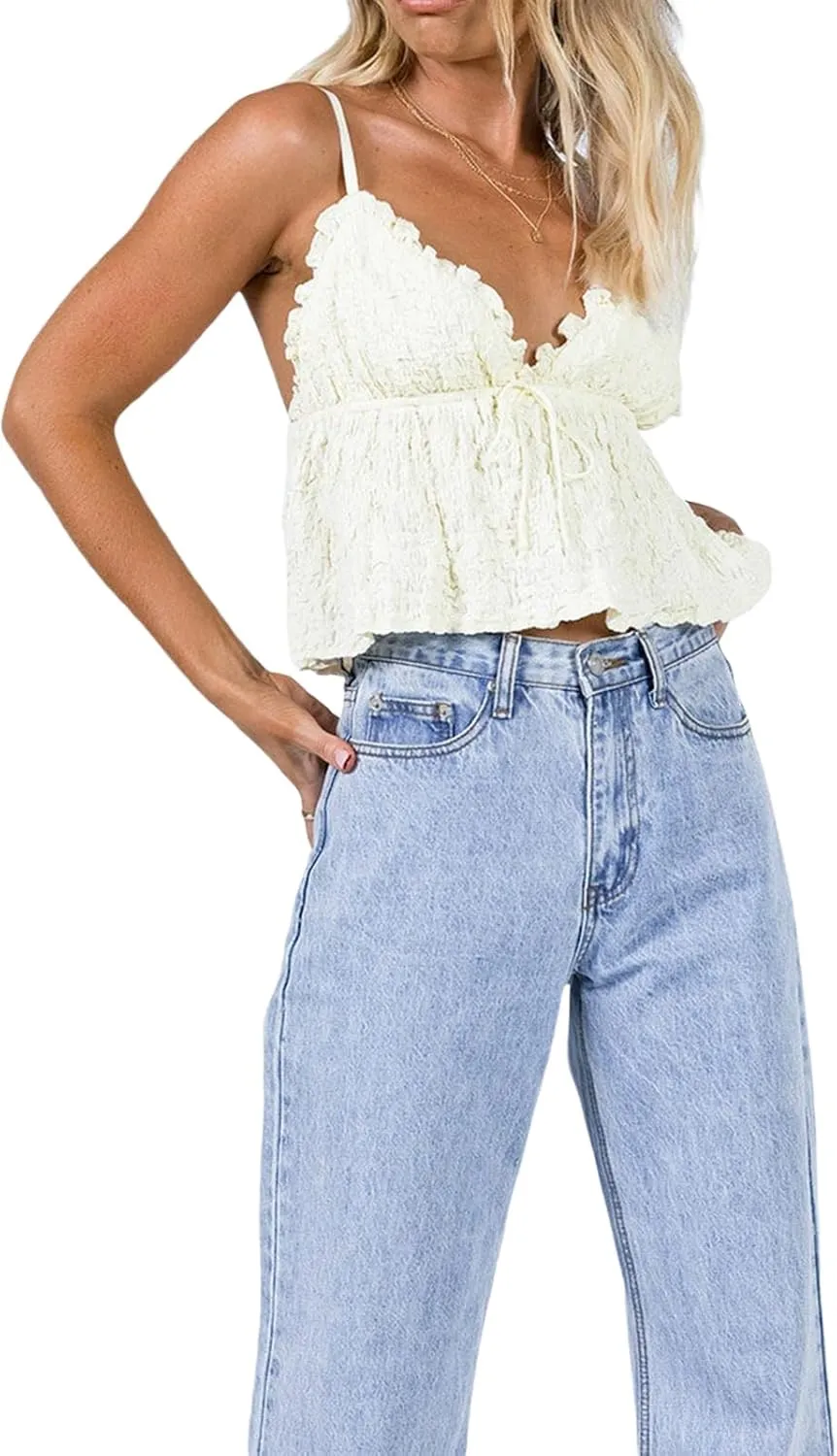 Women Y2K Ruched Camisole Spaghetti Straps V Neck Cami Tops Summer Cute Bow Flowy Tank Tops Streetwear