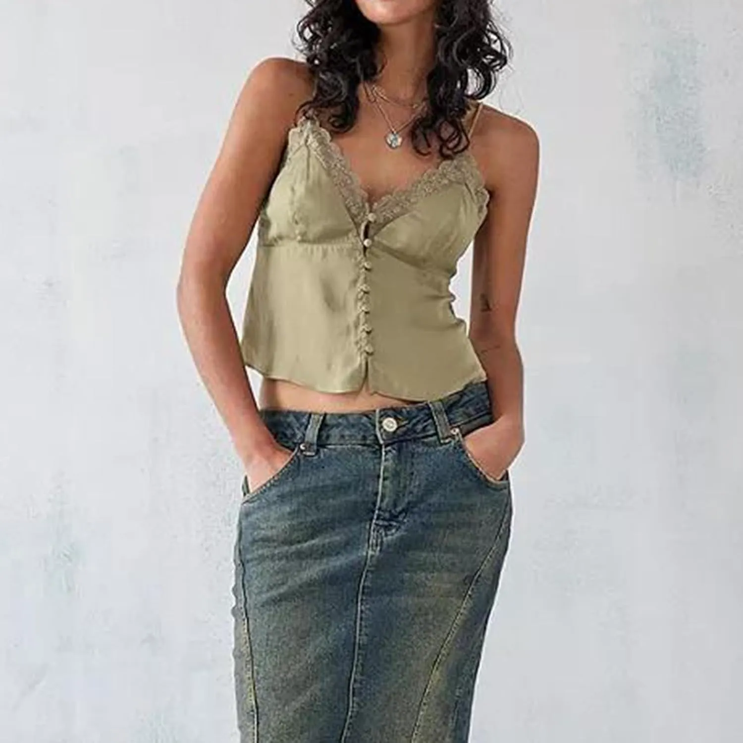 Women Y2k Tie Front Crop Tops Spaghetti Strap Square Neck Babydoll Camisole Summer Smocked Ruffle Tank Tops