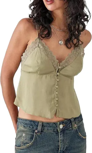 Women Y2k Tie Front Crop Tops Spaghetti Strap Square Neck Babydoll Camisole Summer Smocked Ruffle Tank Tops